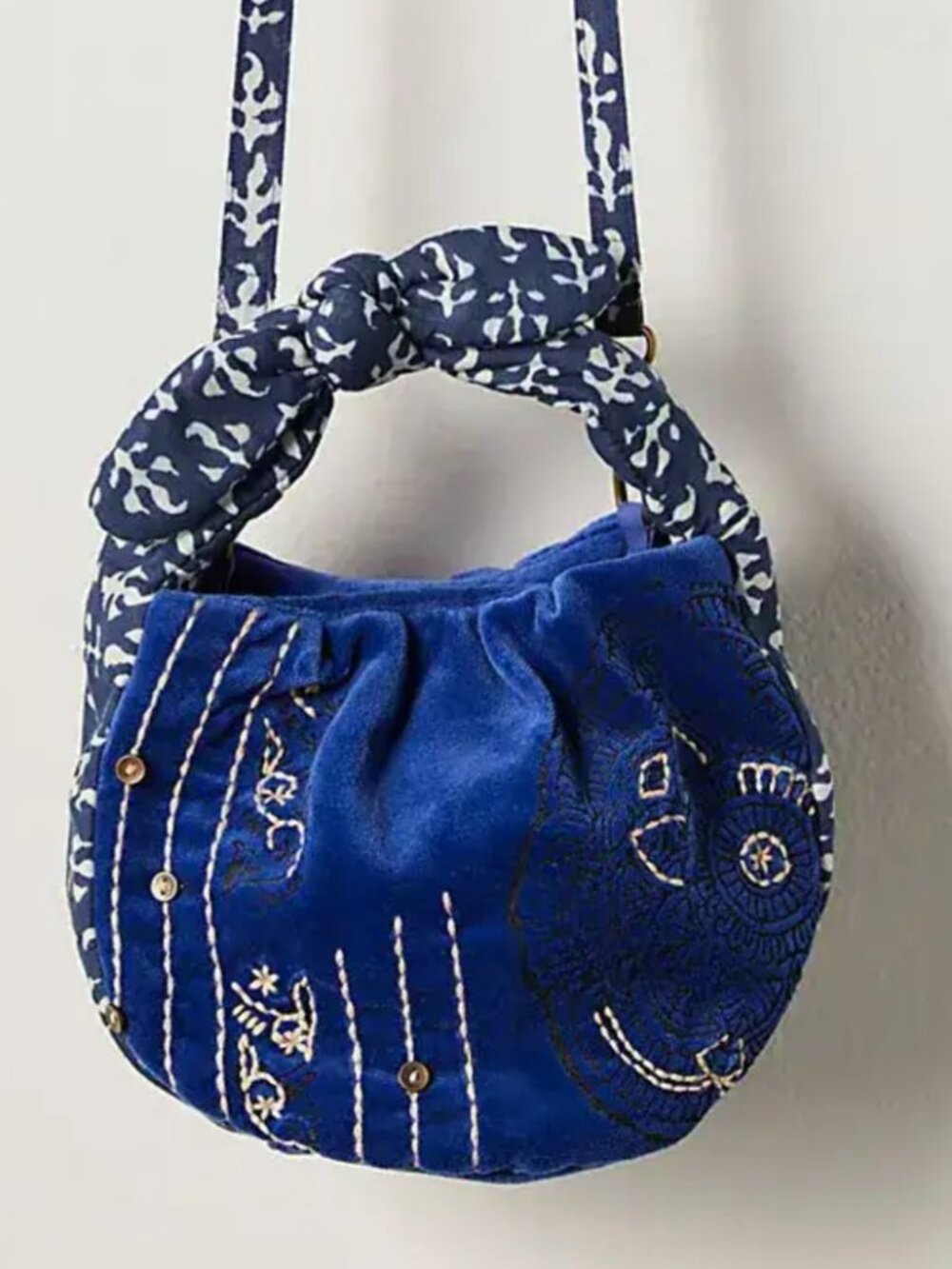 Free People Attia Velvet Bag Blue Embroidered Knot Handle NWT Boho Mini Hobo - Picture 8 of 15